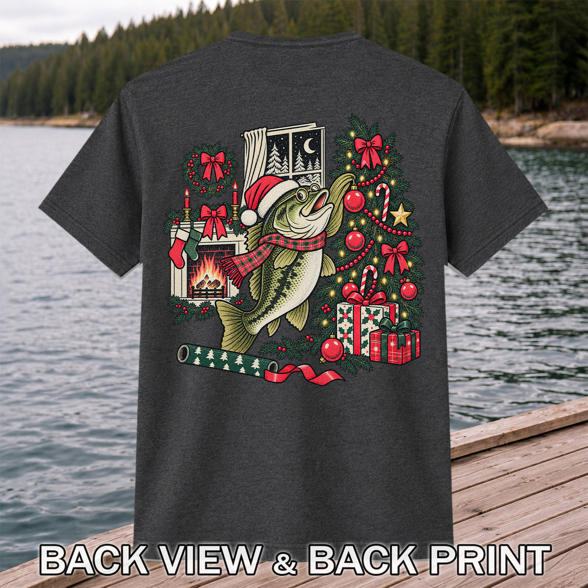 Christmas Bass Fishing Fireplace Tree Graphic T-Shirt | Back Print