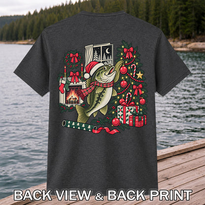 Christmas Bass Fishing Fireplace Tree Graphic T-Shirt | Back Print