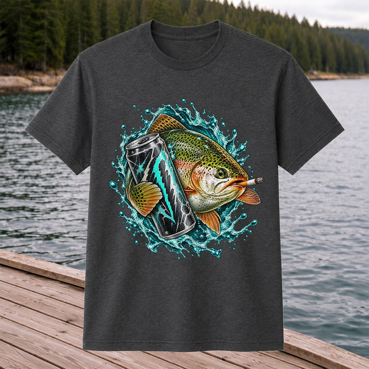 Rainbow Trout with Cigarette and Energy Drink Fishing T-Shirt