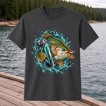 Rainbow Trout with Cigarette and Energy Drink Fishing T-Shirt