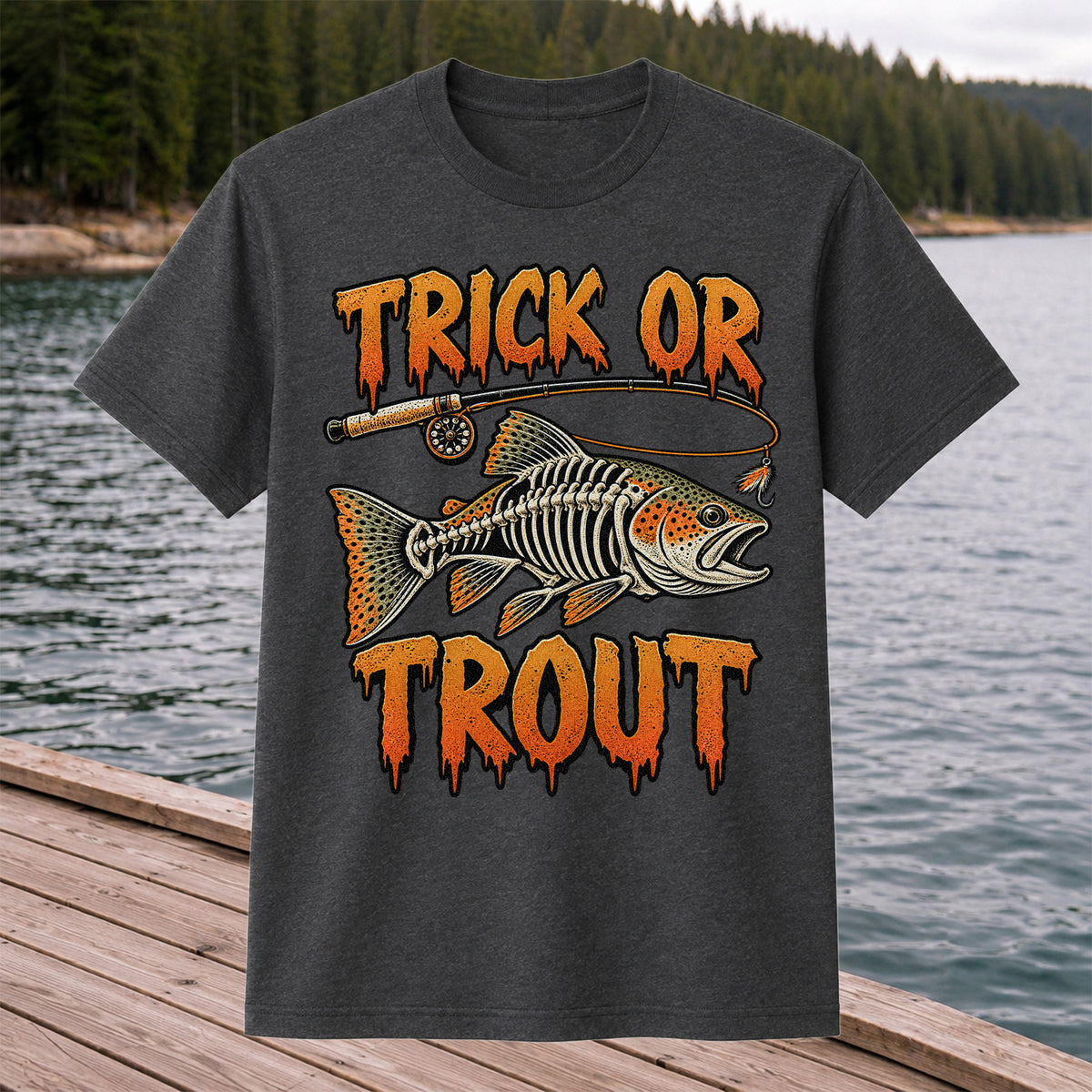 Trick or Trout Skeleton Trout Halloween Fly Fishing T-Shirt