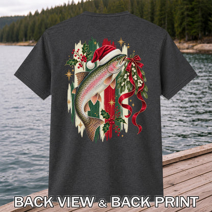 Christmas Santa Hat Rainbow Trout Fishing Graphic T-Shirt | Back Print
