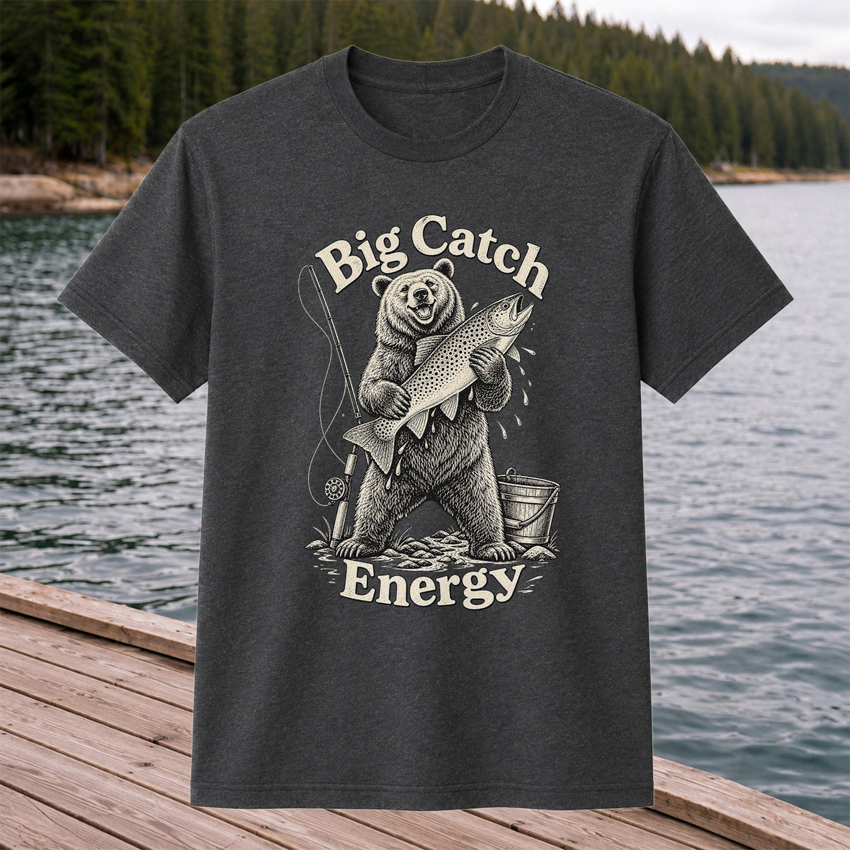 Big Catch Energy Bear and Trout Fishing T-Shirt