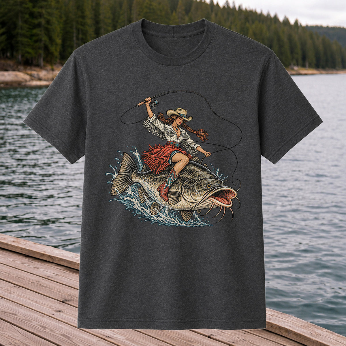Cowgirl Riding a Largemouth Bass Fishing Graphic T-Shirt