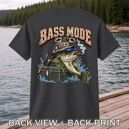 Bass Mode On Funny Bass with Cigar Fishing Graphic T-Shirt | Back Print