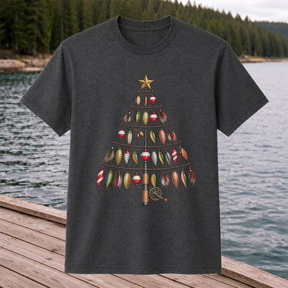 Fishing Lure Christmas Tree with Rod and Reel Graphic T-Shirt