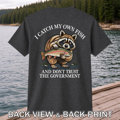 Raccoon Holding Rainbow Trout Fishing Graphic T-Shirt | Back Print