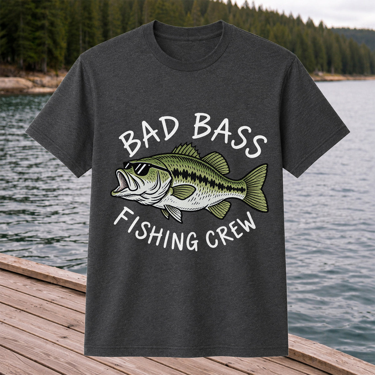 Bad Bass Fishing Crew Funny Graphic T-Shirt