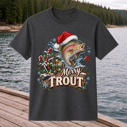 Merry Trout Christmas Rainbow Trout and Fishing Reel T-Shirt