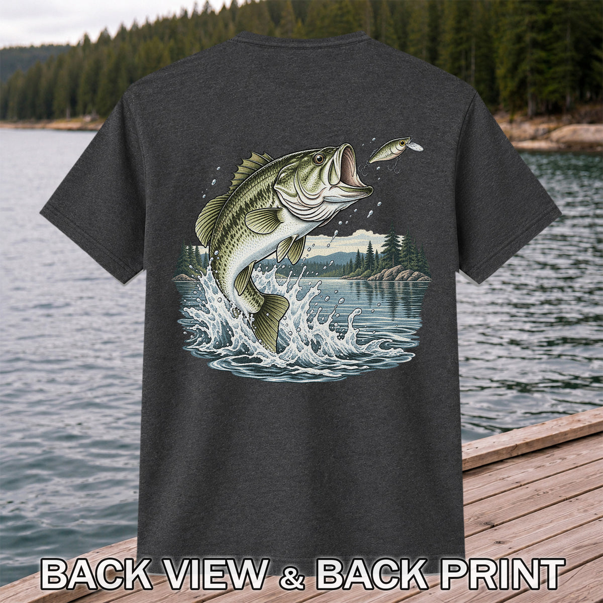 Jumping Largemouth Bass Chasing a Lure Lake Fishing Graphic T-Shirt | Back Print