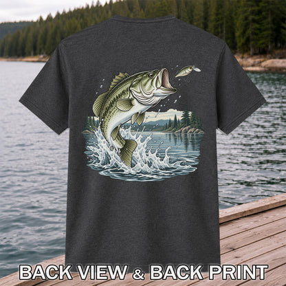 Jumping Largemouth Bass Chasing a Lure Lake Fishing Graphic T-Shirt | Back Print