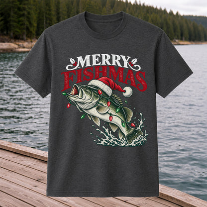 Christmas Bass Fishing Graphic T-Shirt with Santa Hat