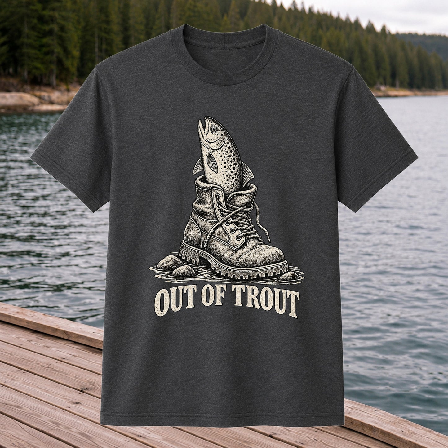 Out of Trout Funny Trout in a Hiking Boot Fishing T-Shirt