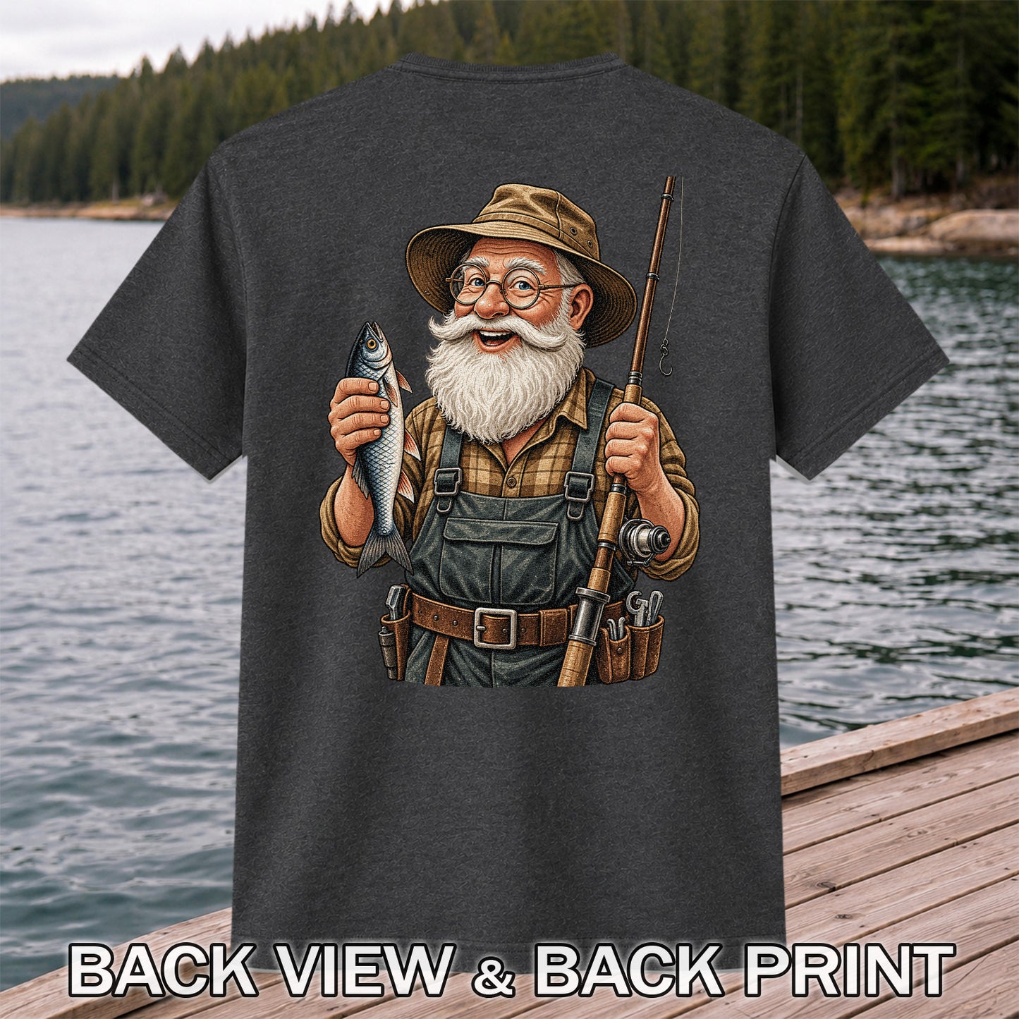 Bearded Angler Holding a Fish and Fishing Rod Graphic T-Shirt | Back Print