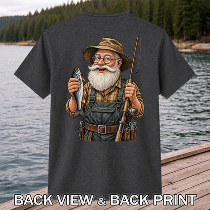 Bearded Angler Holding a Fish and Fishing Rod Graphic T-Shirt | Back Print