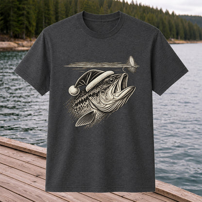 Santa Hat Bass Chasing a Fishing Fly Graphic T-Shirt