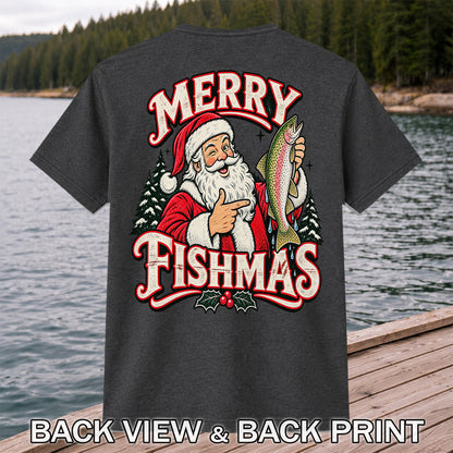 Merry Fishmas Santa Holding Rainbow Trout Christmas Fishing T-Shirt | Back Print