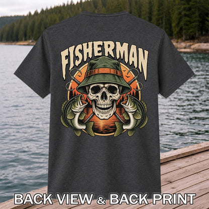 Fisherman Skull with Bucket Hat and Bass Fishing Graphic T-Shirt | Back Print