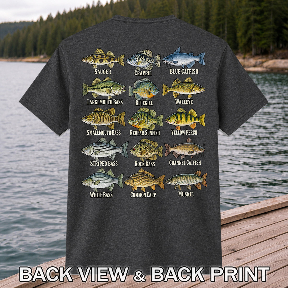 Bass Crappie and Catfish Freshwater Fish Chart Graphic T-Shirt | Back Print