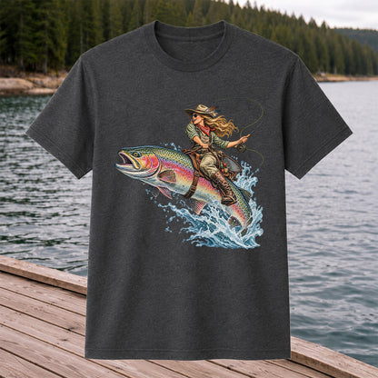 Cowgirl Riding a Rainbow Trout Fly Fishing Graphic T-Shirt