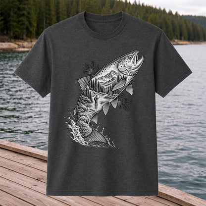 Leaping Trout with Mountain River and Angler Fishing Graphic T-Shirt