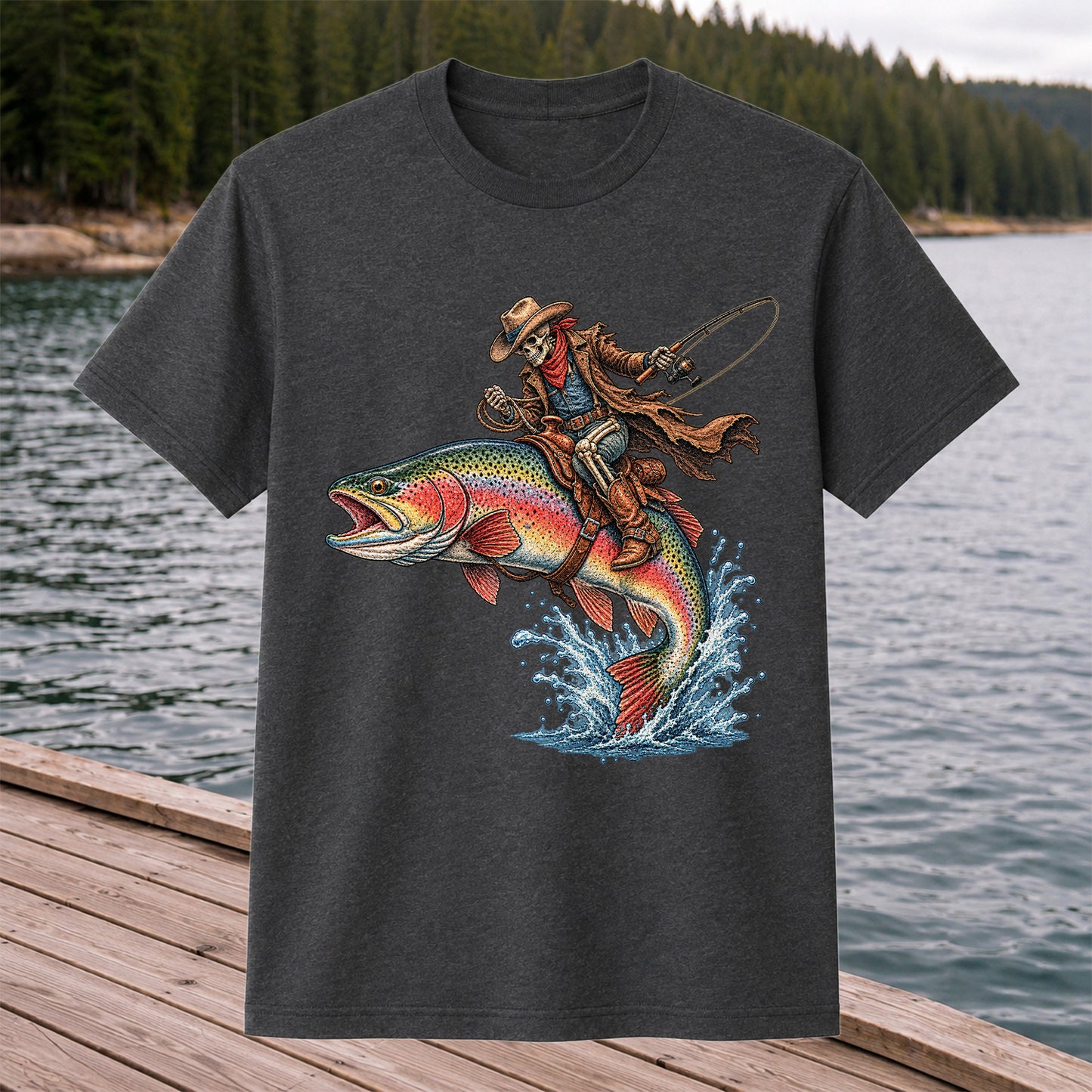 Skeleton Cowboy Riding a Rainbow Trout Fishing Graphic T-Shirt