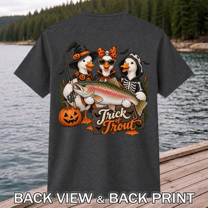 Trick of Trout Halloween Ducks with Rainbow Trout Fishing T-Shirt | Back Print