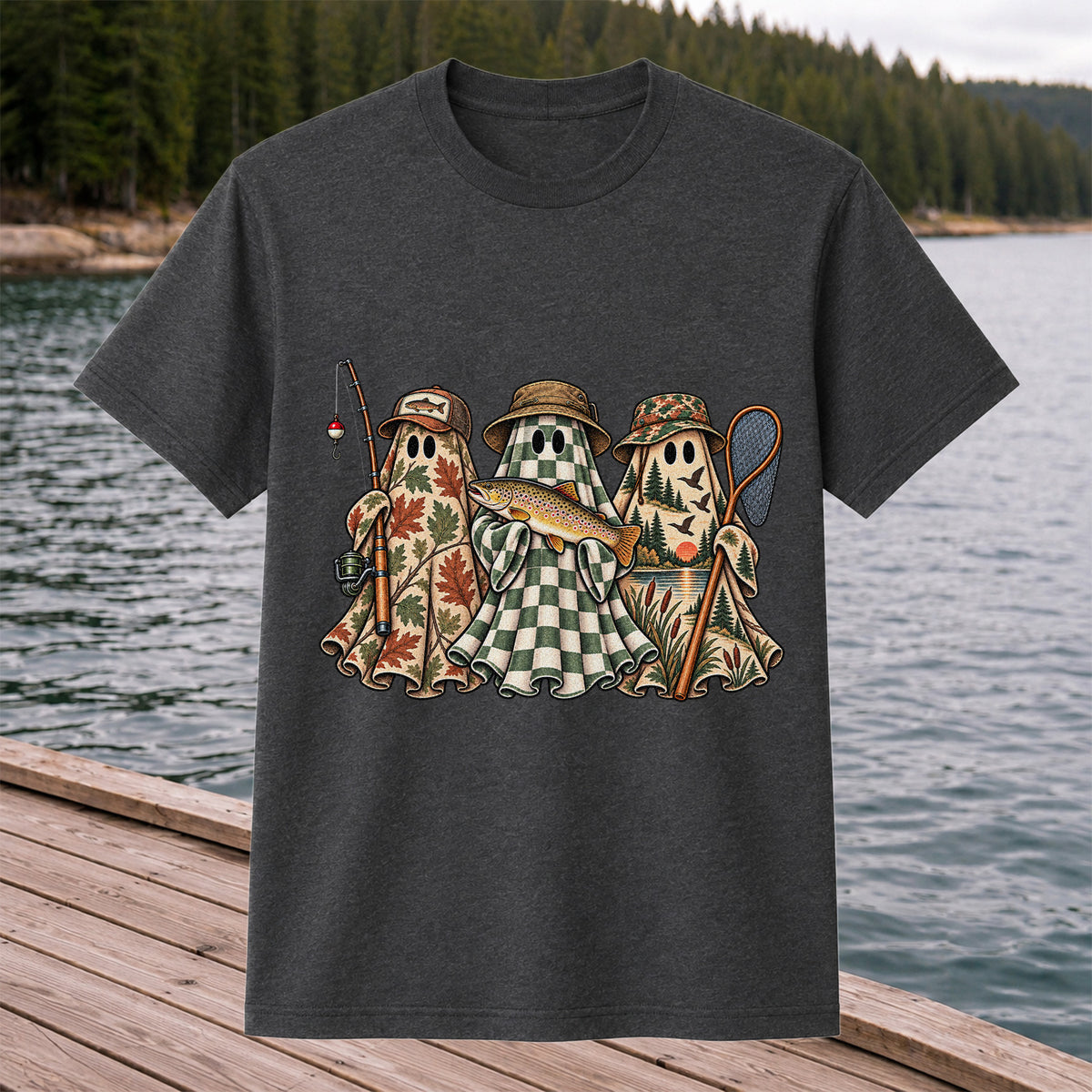 Autumn Ghost Trio with Brown Trout Halloween Fishing T-Shirt
