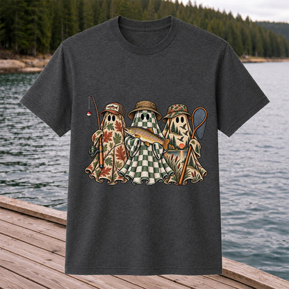 Autumn Ghost Trio with Brown Trout Halloween Fishing T-Shirt