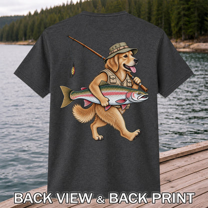 Golden Retriever Holding Rainbow Trout Fishing Graphic T-Shirt | Back Print