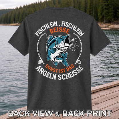 Fischlein Fischlein Beisse Funny Fishing Graphic T-Shirt | Back Print