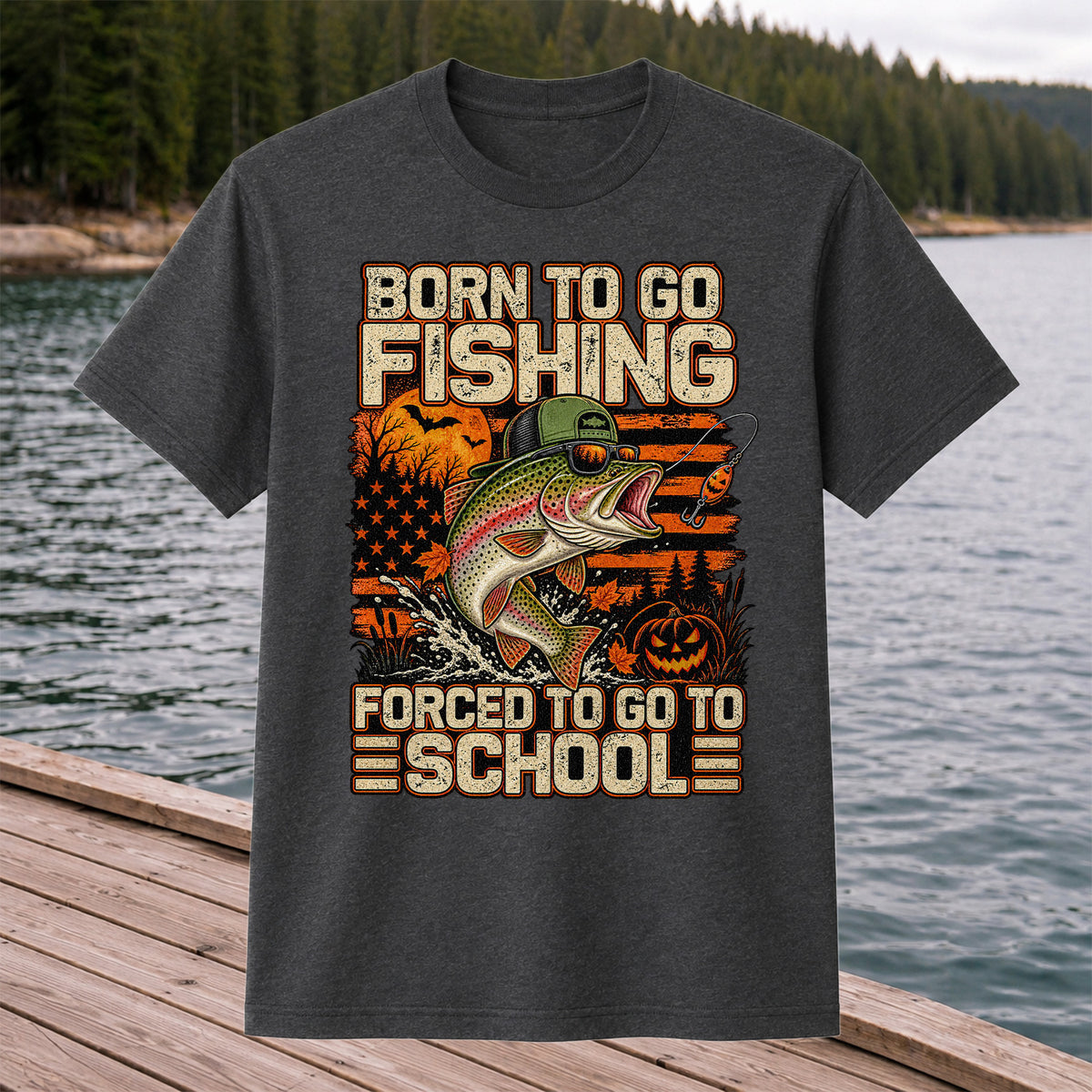 Born to Go Fishing Forced to Go to School Halloween Rainbow Trout T-Shirt