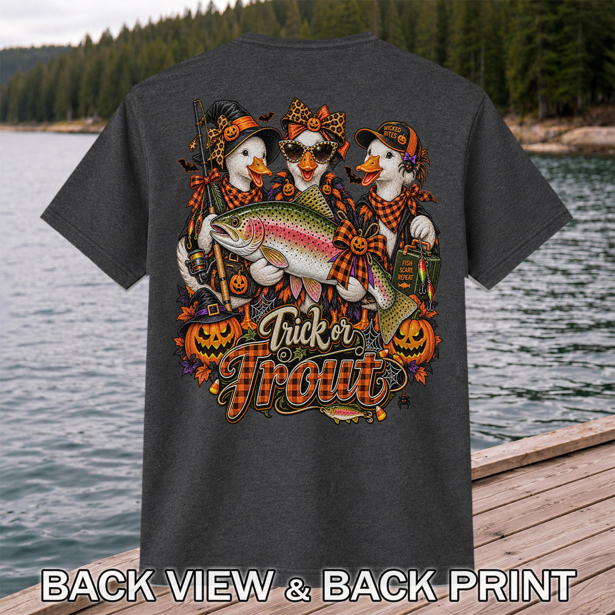 Trick or Trout Halloween Ducks with Rainbow Trout and Pumpkins Fishing T-Shirt | Back Print