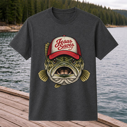 Jesus Saves Largemouth Bass in a Trucker Hat Fishing T-Shirt