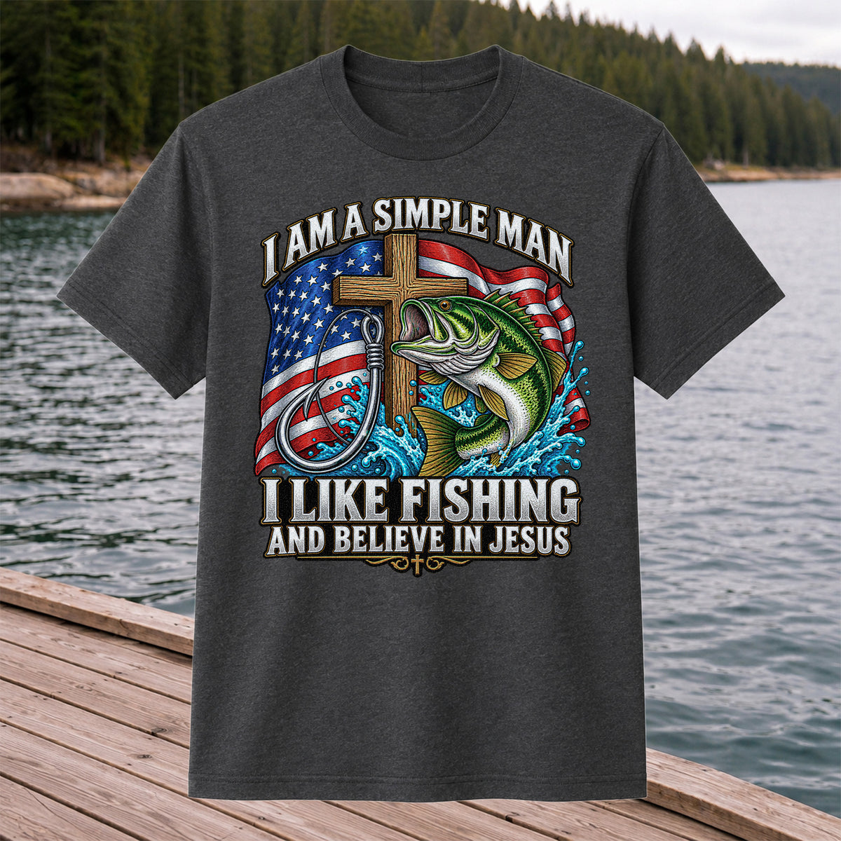 American Flag Bass Fishing Faith Patriotic Graphic T-Shirt