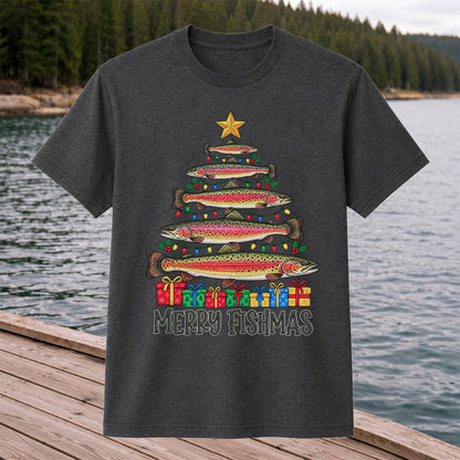 Rainbow Trout Christmas Tree Fishing Graphic T-Shirt