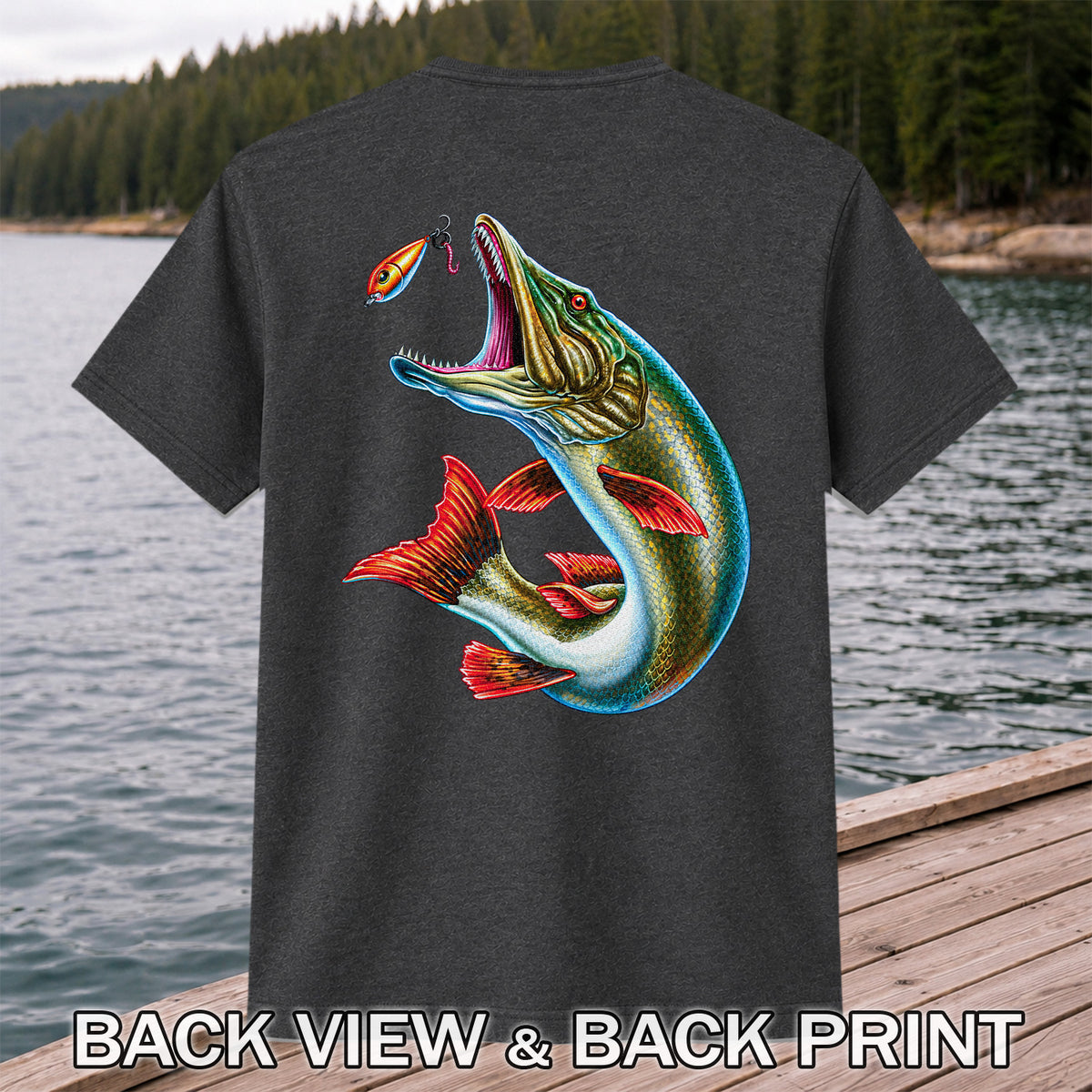 Northern Pike Chasing Fishing Lure Graphic T-Shirt | Back Print