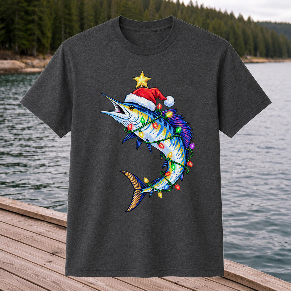 Christmas Marlin Wrapped in Lights Fishing T-Shirt