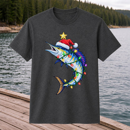 Christmas Marlin Wrapped in Lights Fishing T-Shirt
