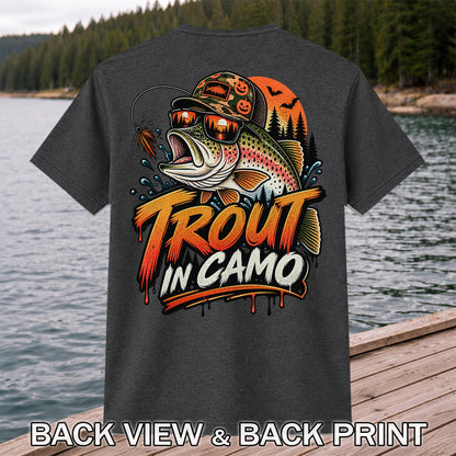 Trout in Camo Halloween Rainbow Trout Fishing Graphic T-Shirt | Back Print