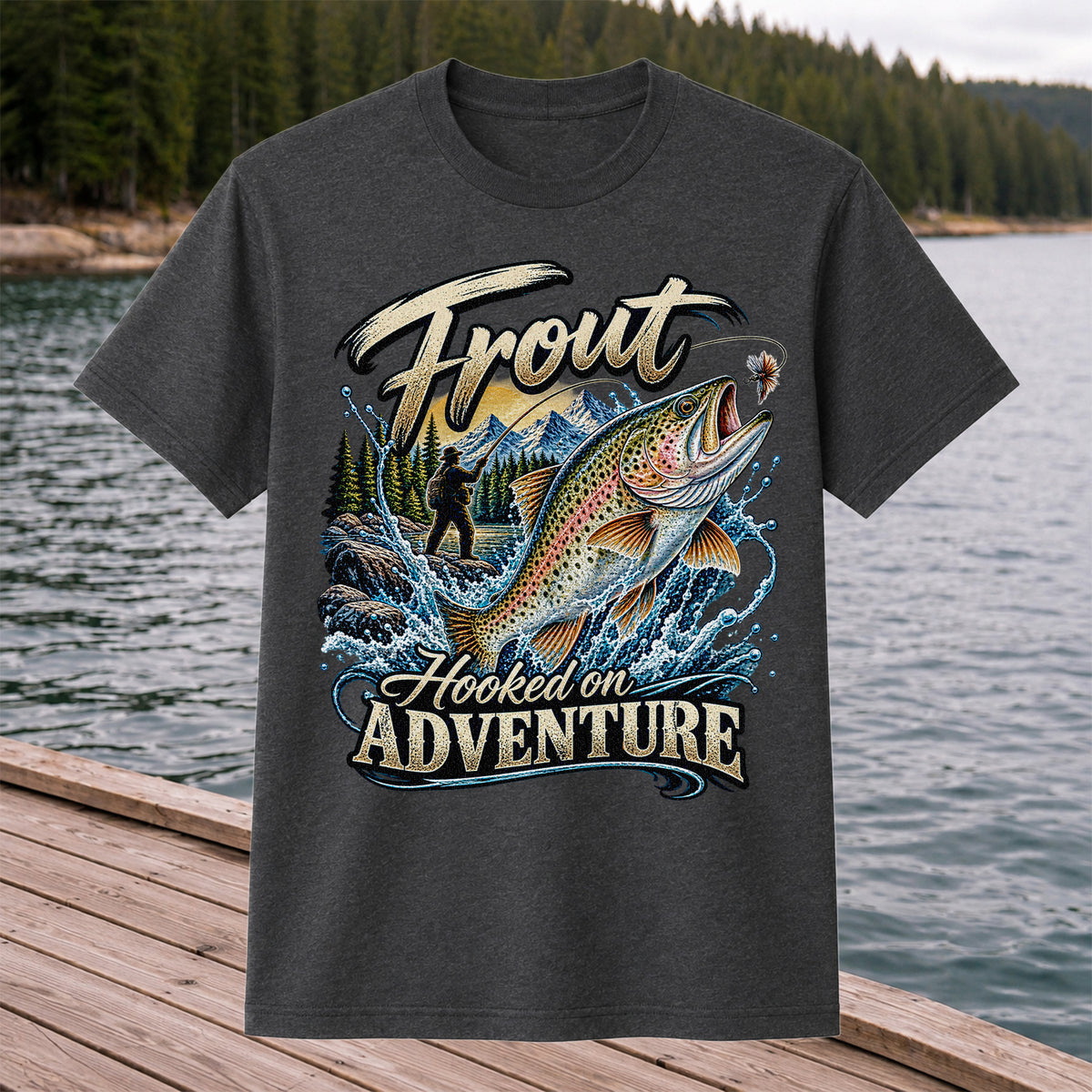 Trout Hooked on Adventure Mountain Fly Fishing T-Shirt