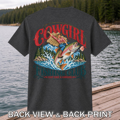 Cowgirl Riding Trout Fishing Club Graphic T-Shirt | Back Print