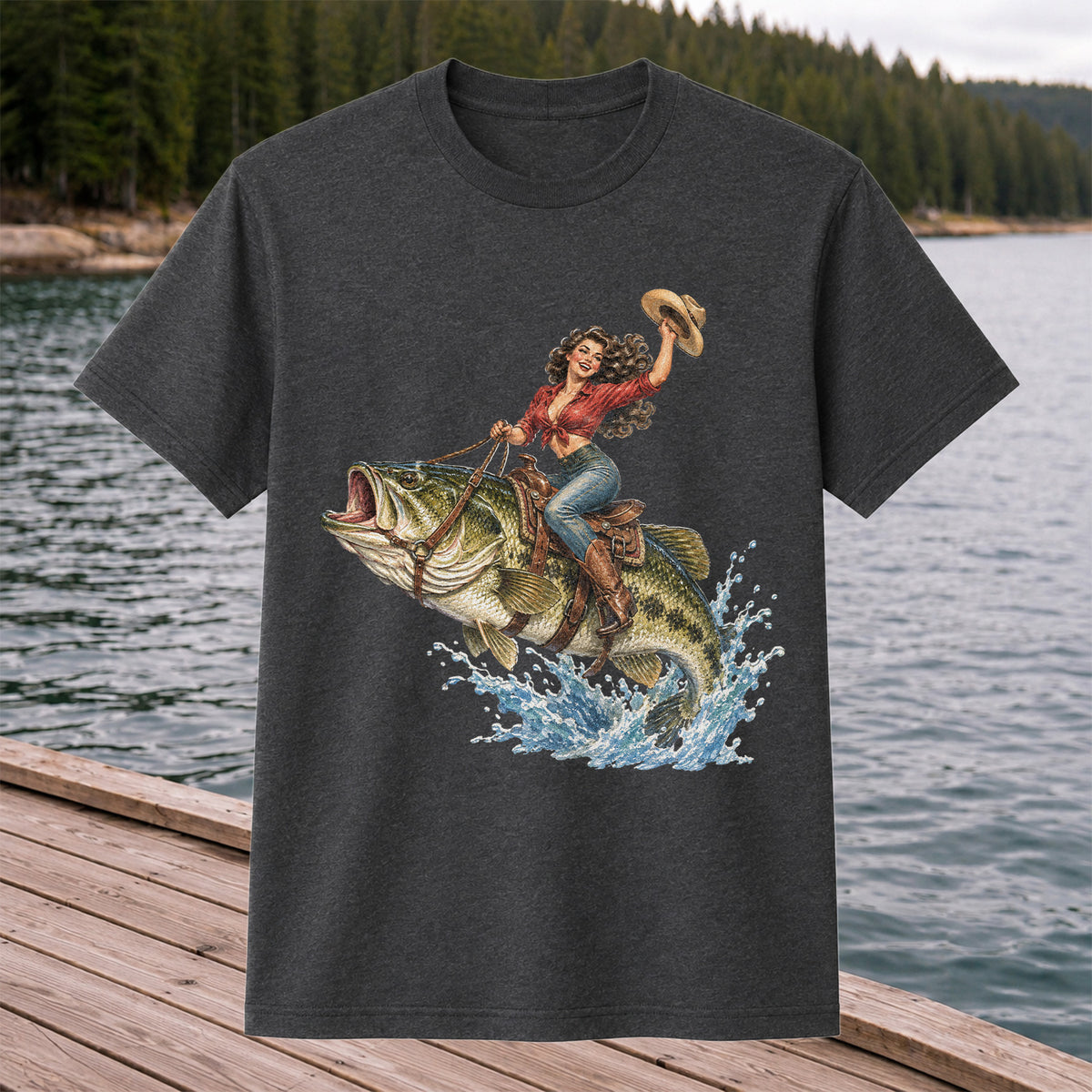 Vintage Cowgirl Riding a Largemouth Bass Fishing Graphic T-Shirt