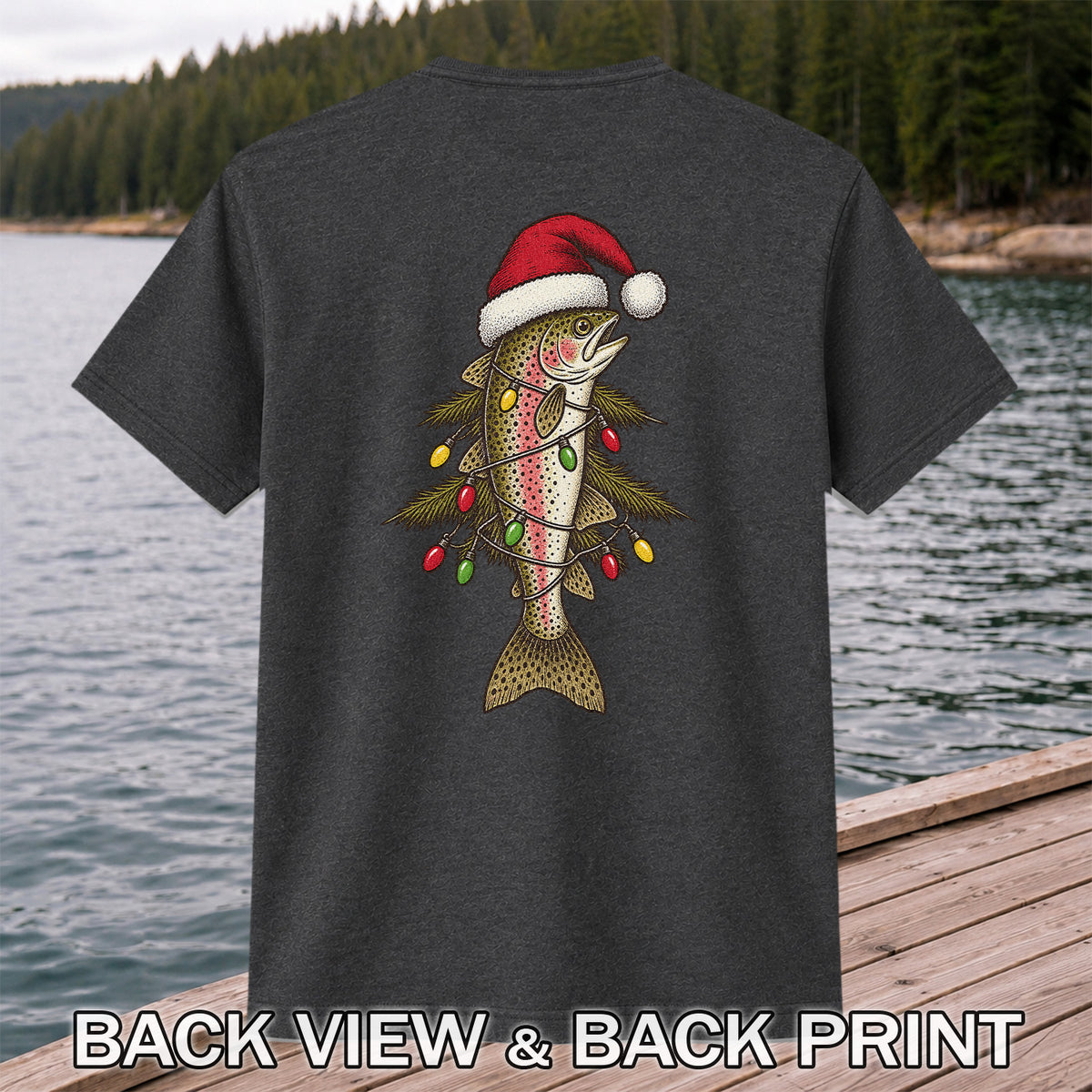 Christmas Trout Tree Fishing Graphic T-Shirt | Back Print