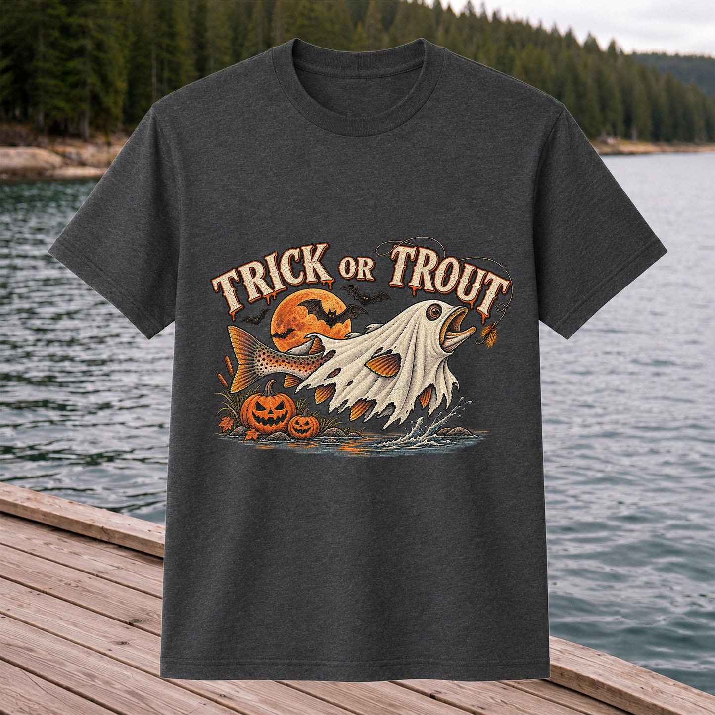 Trick or Trout Ghost Fish Halloween Fishing T-Shirt