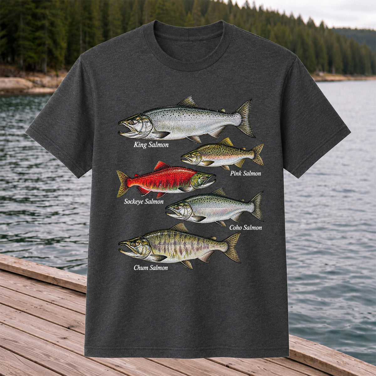 King Pink Sockeye Coho and Chum Salmon Fishing Graphic T-Shirt