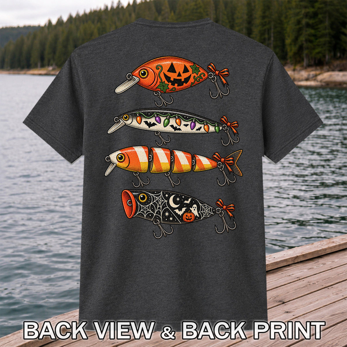 Halloween Fishing Lures with Pumpkin, Ghost and Candy Corn Graphic T-Shirt | Back Print