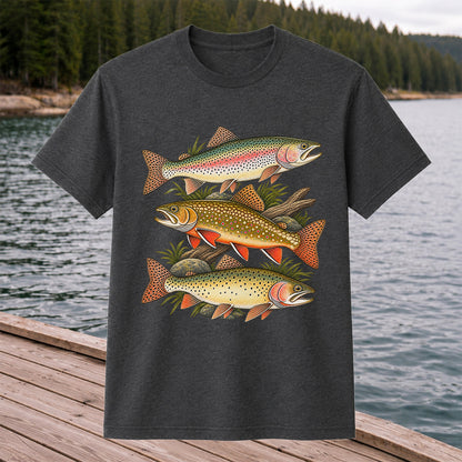 Vintage Rainbow Brook and Brown Trout Fishing Graphic T-Shirt