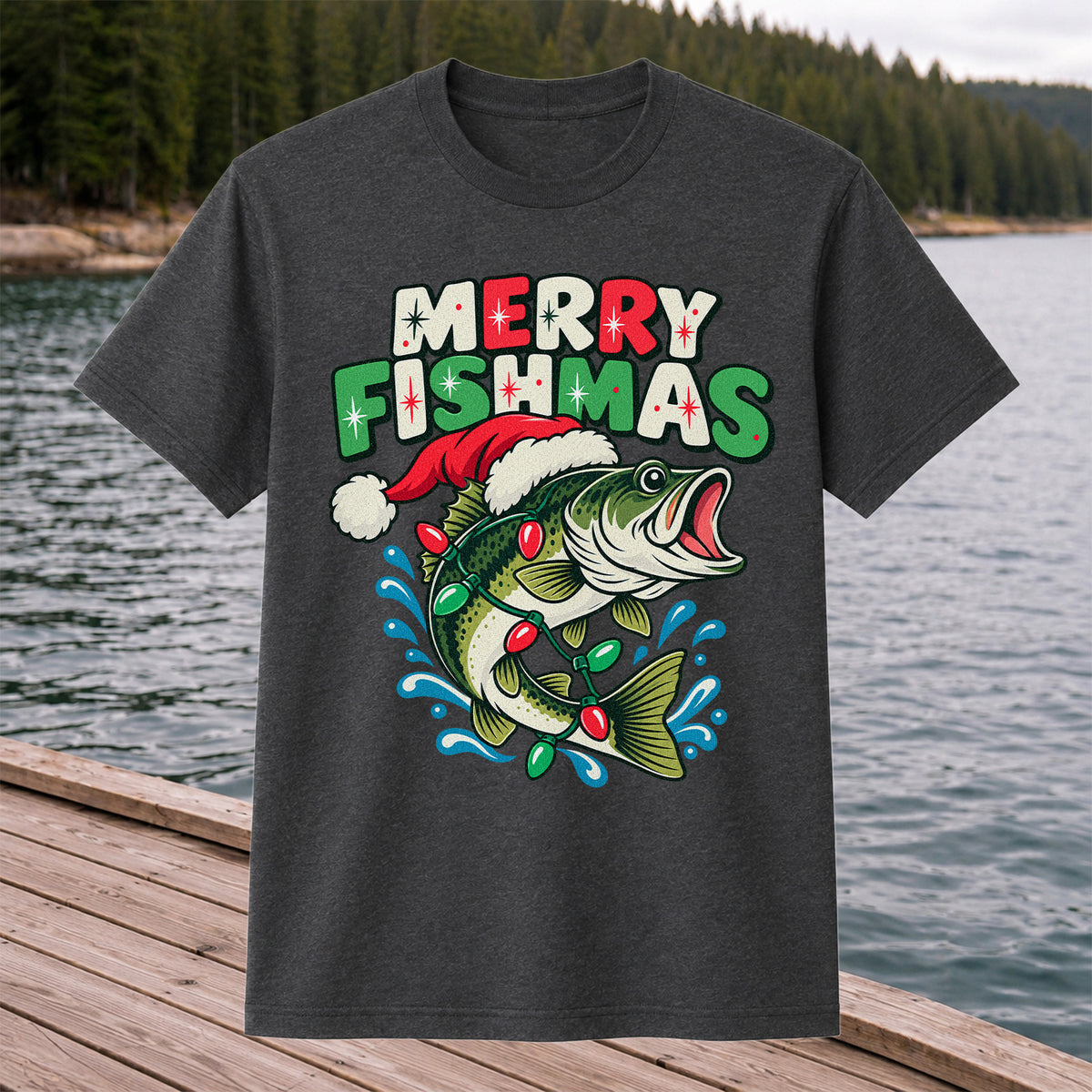 Christmas Bass Wrapped in Lights Graphic T-Shirt