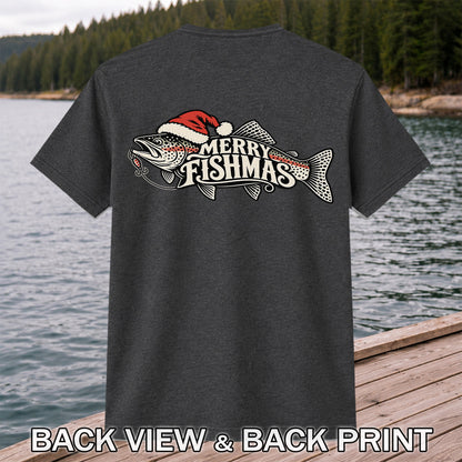 Merry Fishmas Rainbow Trout with Red Santa Hat and Lure Fishing T-Shirt | Back Print